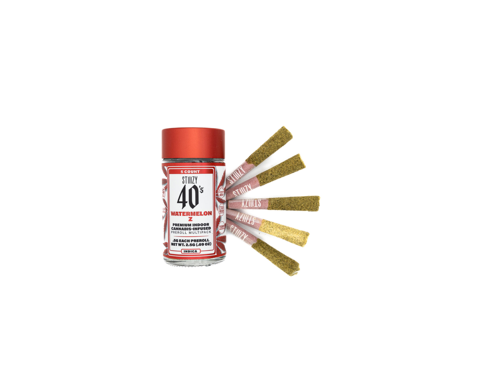 STIIIZY-40S-PREROLLS-INFUSED-PREROLL-JOINTS-COATED-W -KIEF-INFUSED-W LIVE-RESIN-5-PER-PACK-WATERMELON-Z-INDICA3G2A6373